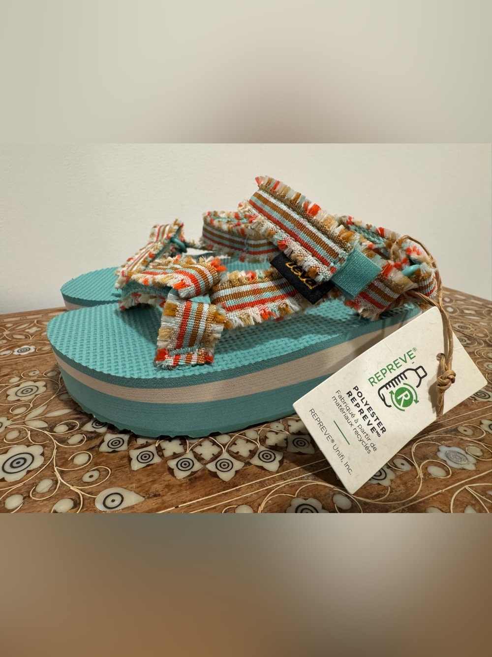 Teva Kids Aqua Footbed Sandal with Striped Frayed Straps